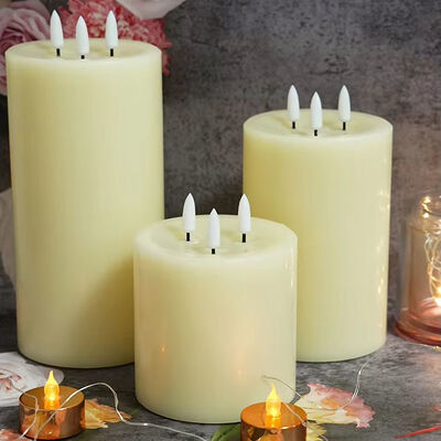 Three Wick Battery Operated Remote Control Pillar BIG Diameter 10cm Wedding Decoration Wax  Flameless Light Led Candle
