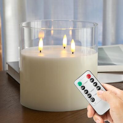 Prezzo buono 6X10' Extra Large Flameless Glass Real Wax Battery Operated LED Candle con 3 Wicks Remote Control e Timer, bianco in linea